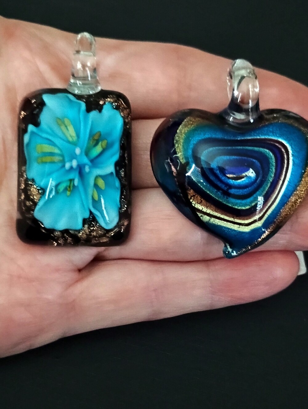 Handmade Blue Glass Lot Of Pendant Necklace - Heart and Floral Options